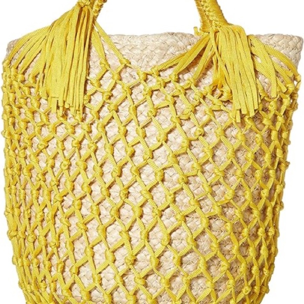 NWT Lulu Yellow Woven Macramé Jute Boho Straw Tote Beach Bag
